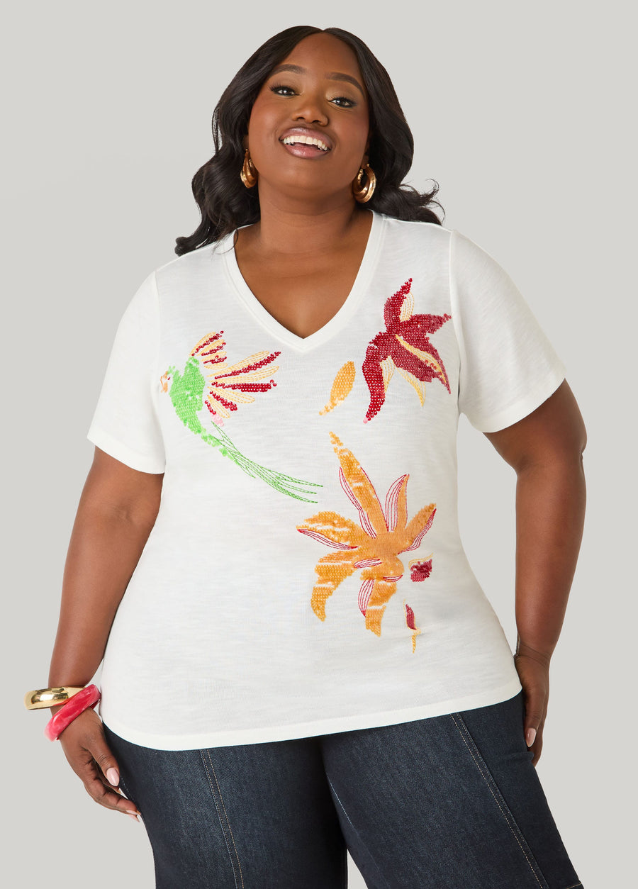 Plus Size Sequined Parrot Jersey Tee