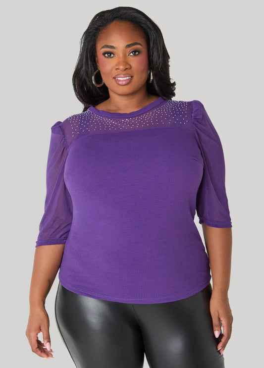 Crystal Mesh Paneled Textured Top