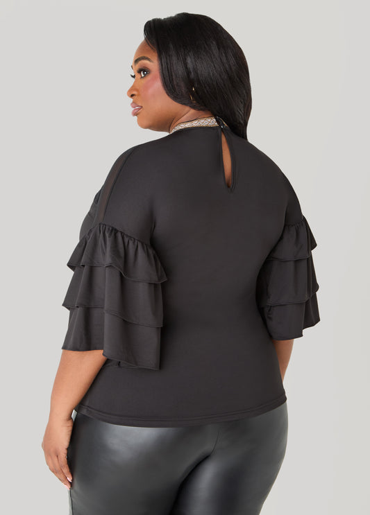 Crystal Collar Mesh Paneled Top