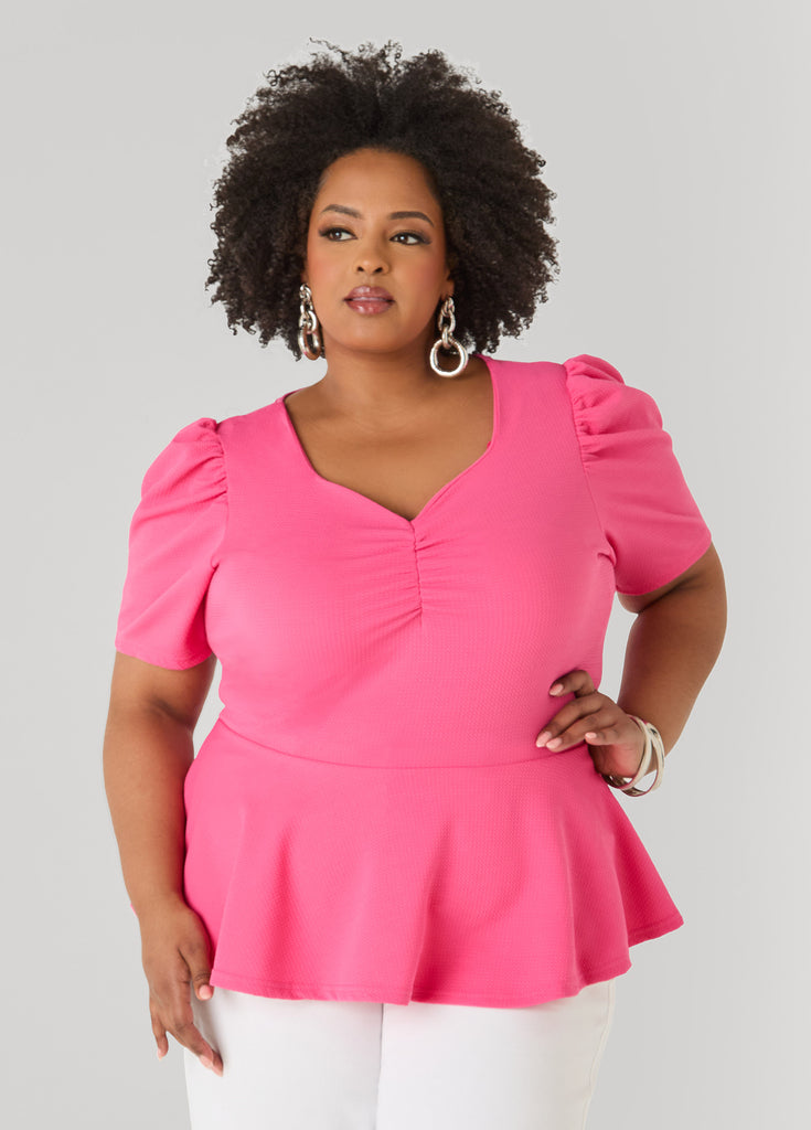 Puff Sleeved Textured Peplum Top – Ashley Stewart