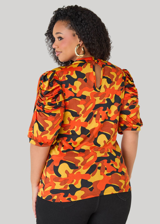Puff Sleeved Camo Print Top