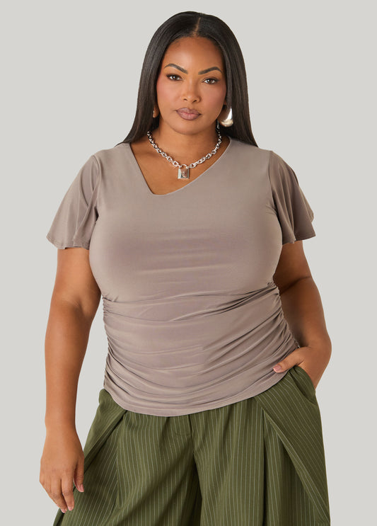Asymmetric Neck Ruched Tee