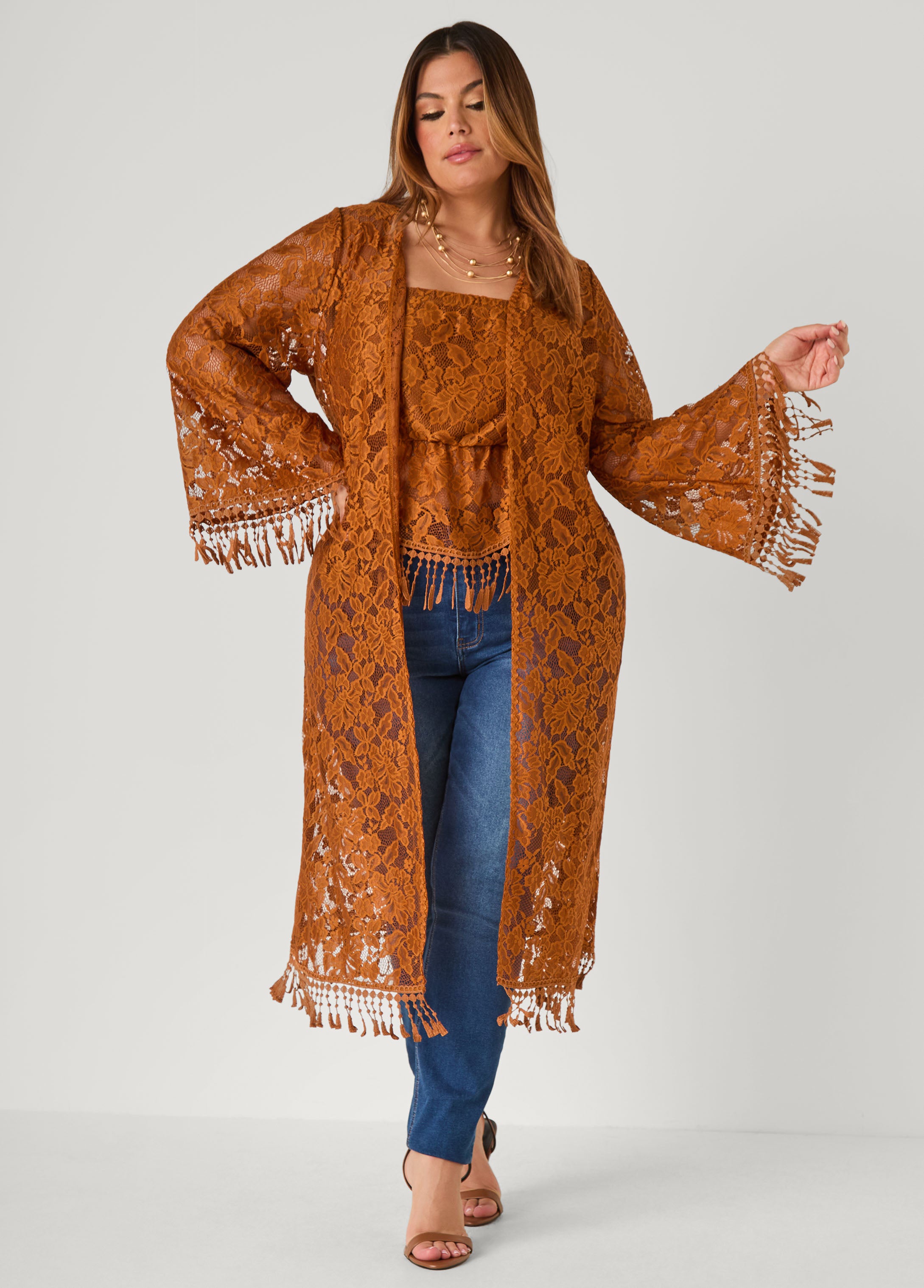 Fringed Floral Lace Duster