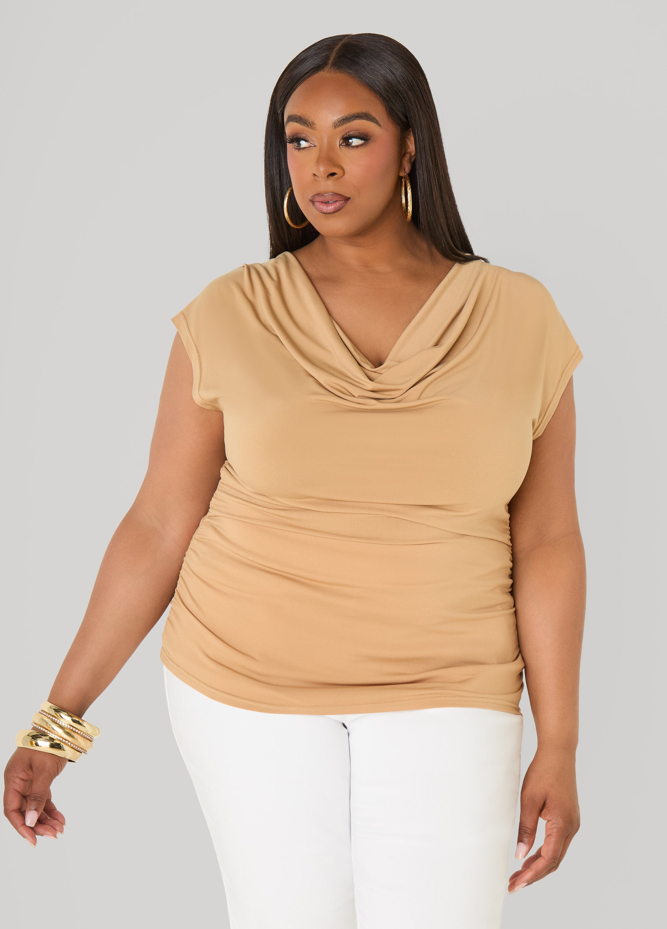 Plus Size Short Sleeve Top Cowl Neck Draped Knit Top Styles