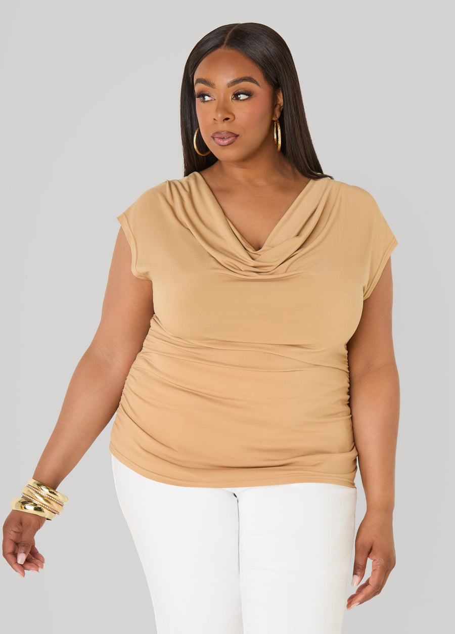 Plus Size Short Sleeve Top Cowl Neck Draped Knit Top Styles