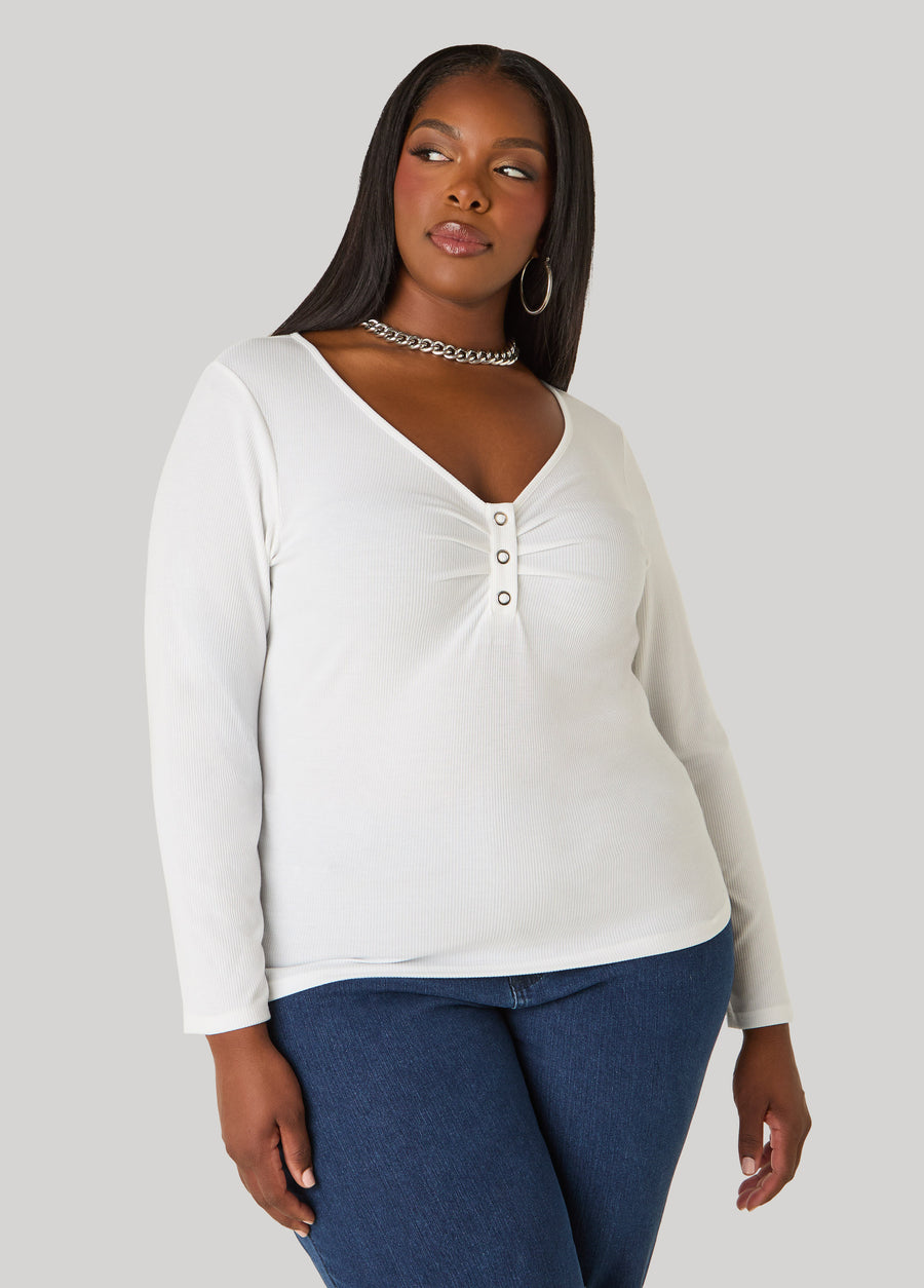 Gathered Snap Front Ribbed Top