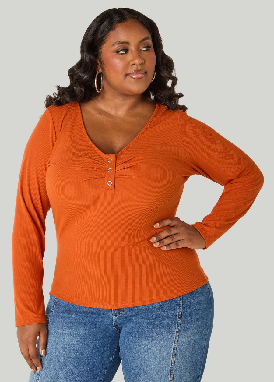 Gathered Snap Front Ribbed Top