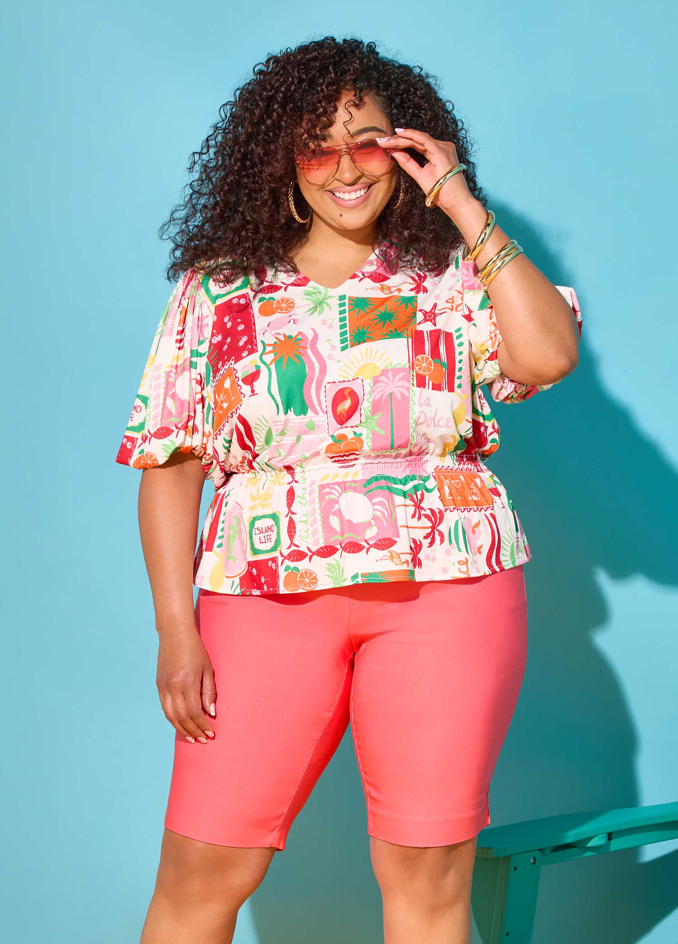 Plus Size Island Vacation Print Bubble Sleeve Knit Peplum Summer Top