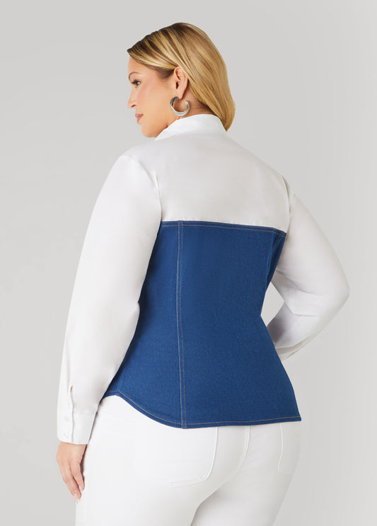 Belted Poplin And Denim Shirt