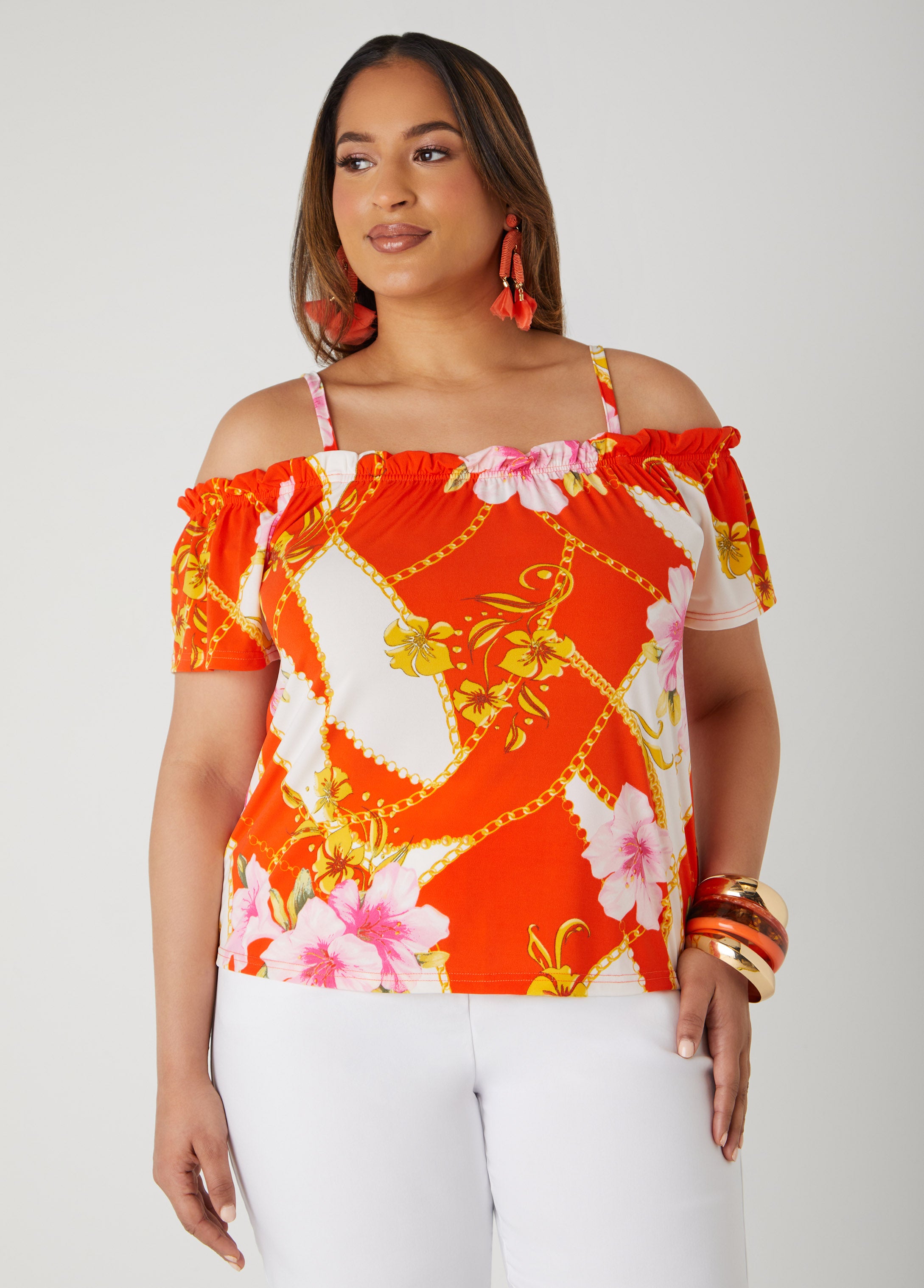 Plus Size Printed Cold Shoulder Top