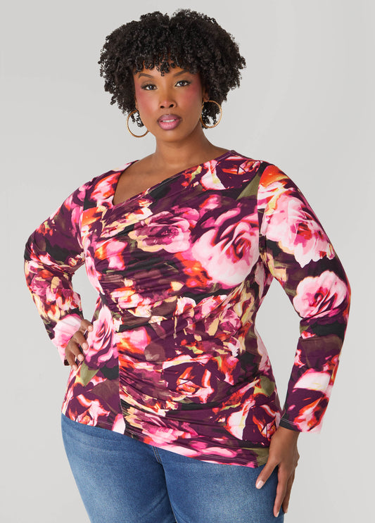 Plus Size Asymmetric Floral Top