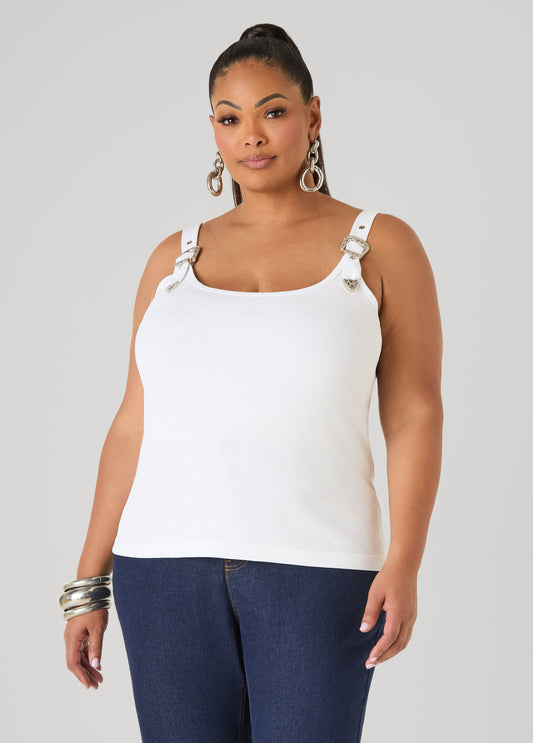Plus Size White Ribbed Jersey Buckle Tank Top Sleeveless Top
