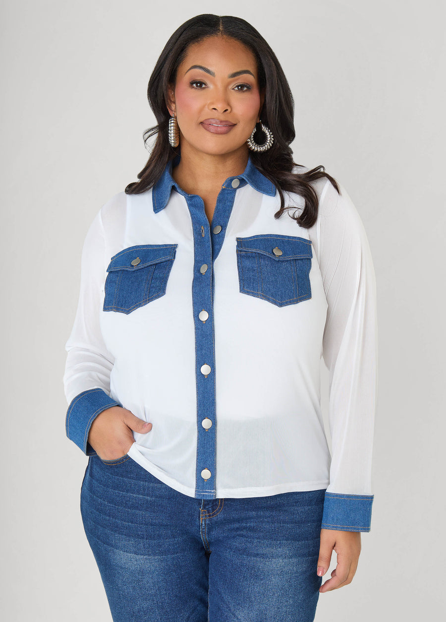 Denim Paneled Mesh Shirt