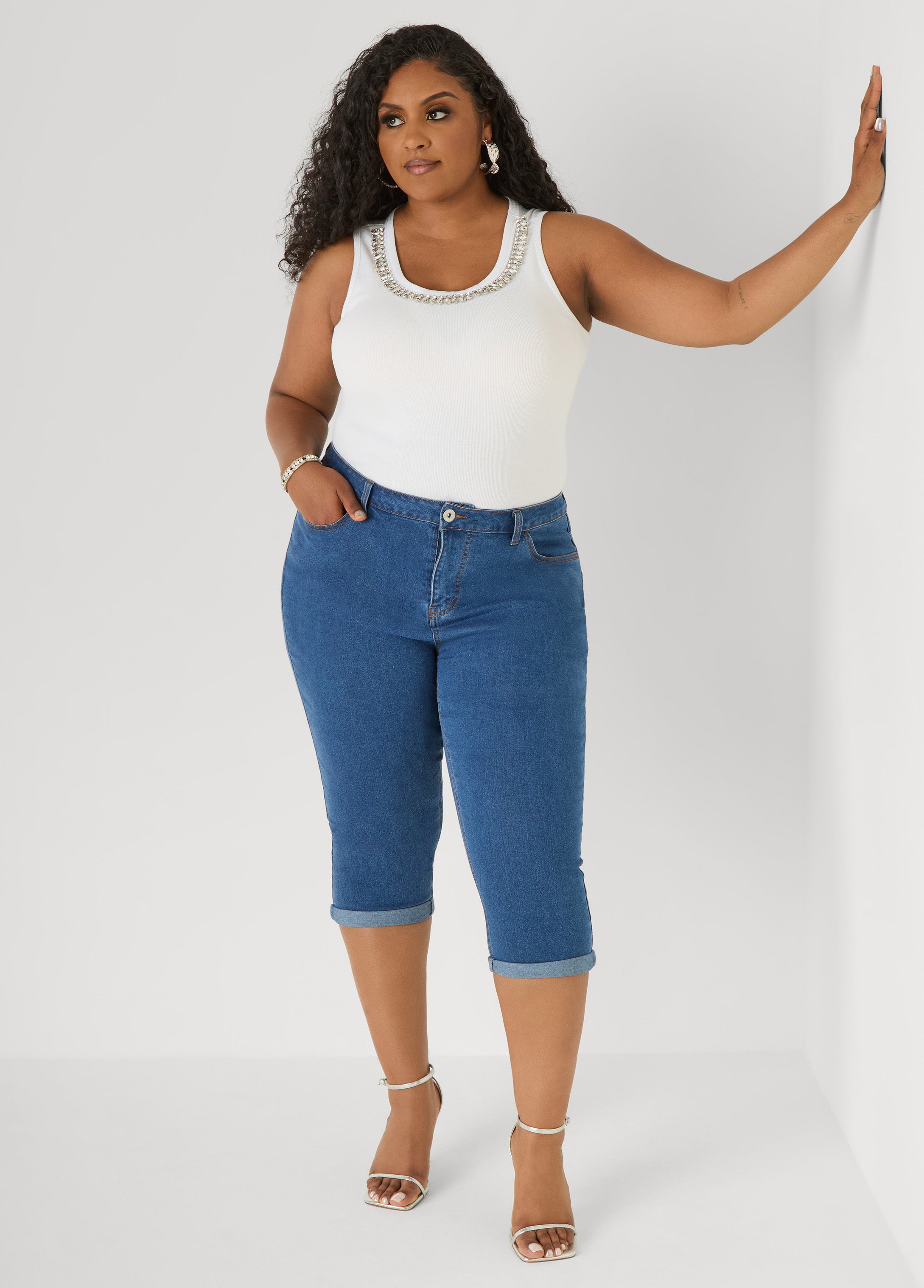 Plus Size Ribbed Jersey Tank Top Sleeveless Crystal Rhinestone Top