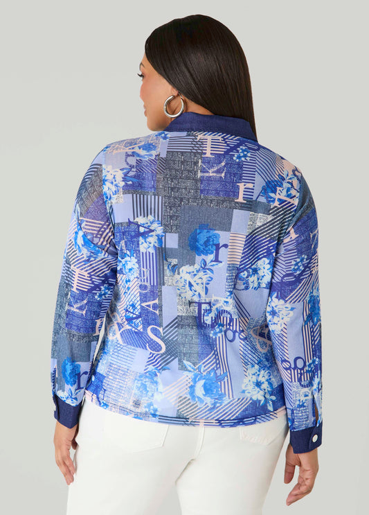 Denim Trimmed Printed Mesh Shirt