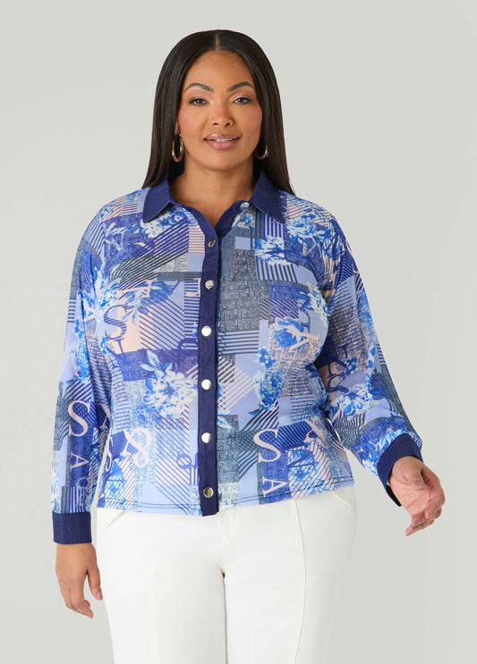 Denim Trimmed Printed Mesh Shirt