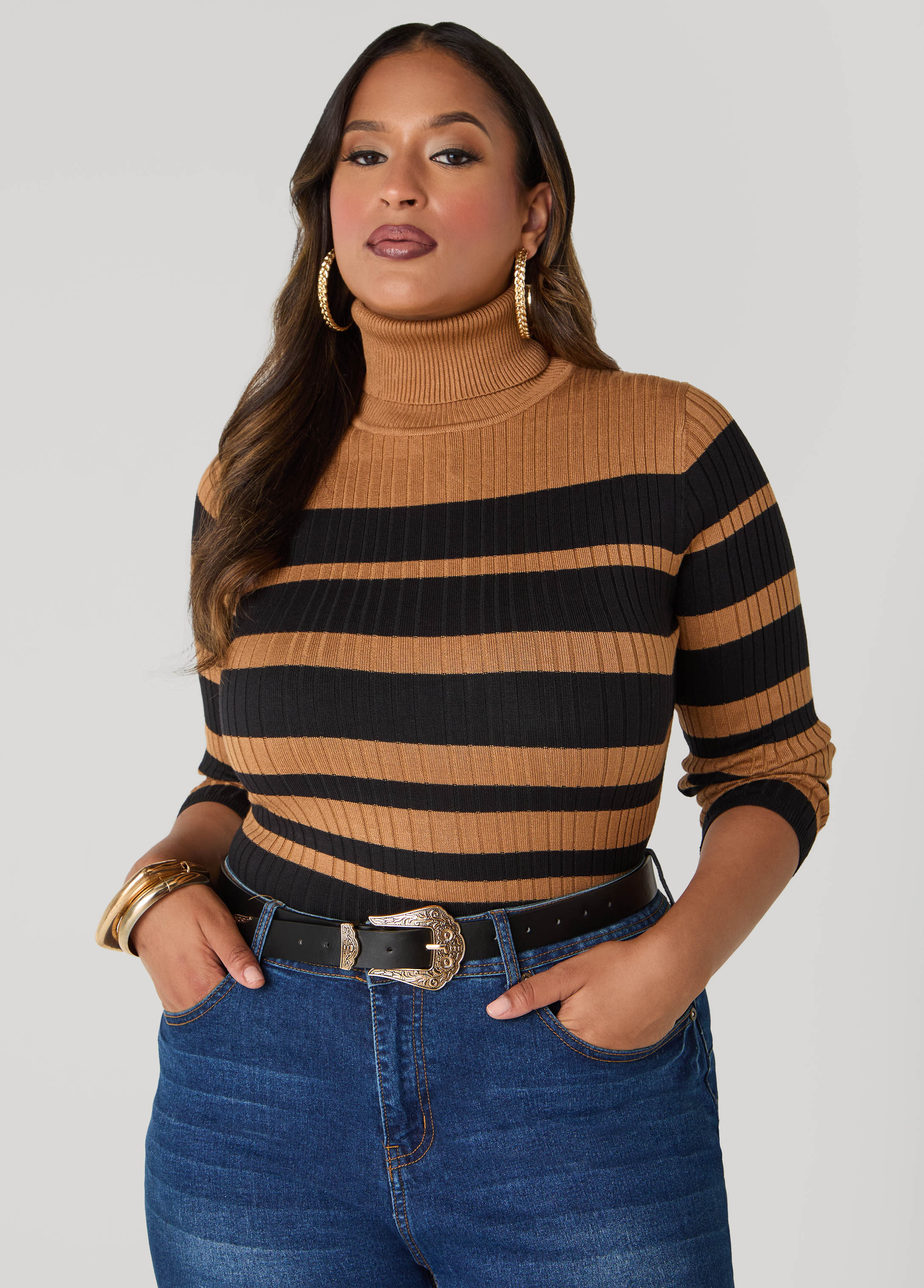 Plus Size Striped Turtleneck Sweater