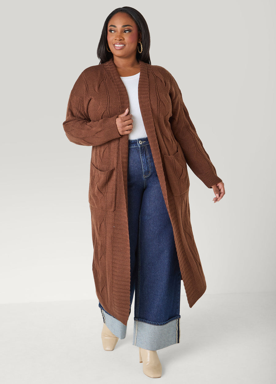Plus Size Open Front Cable Knit Duster