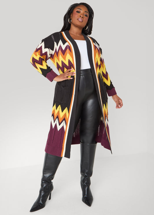 Plus Size Chevron Knit Open Front Duster