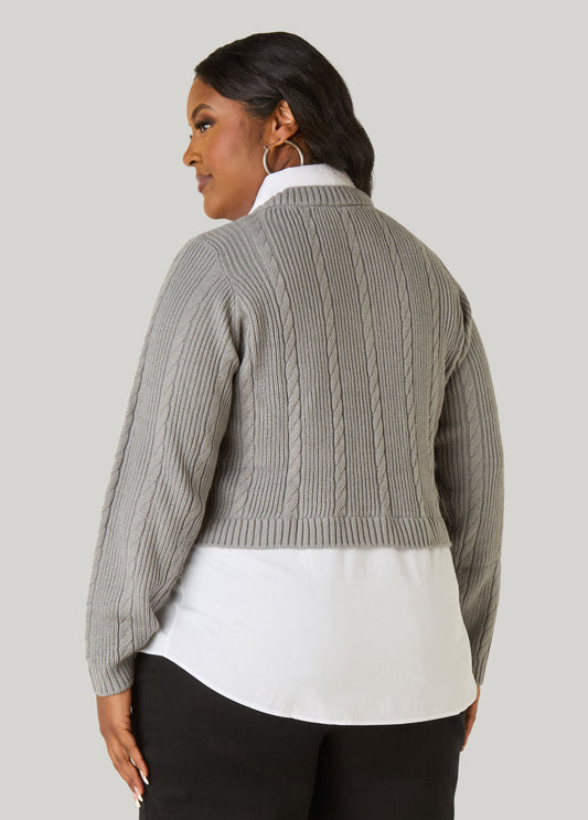 Poplin Paneled Cable Knit Sweater