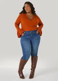 Bell Cuff Faux Wrap Ribbed Sweater