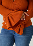 Bell Cuff Faux Wrap Ribbed Sweater