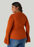 Bell Cuff Faux Wrap Ribbed Sweater