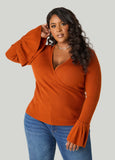 Bell Cuff Faux Wrap Ribbed Sweater