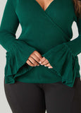 Bell Cuff Faux Wrap Ribbed Sweater