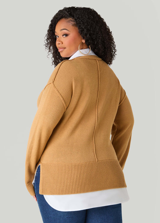 Poplin Paneled V Neck Sweater
