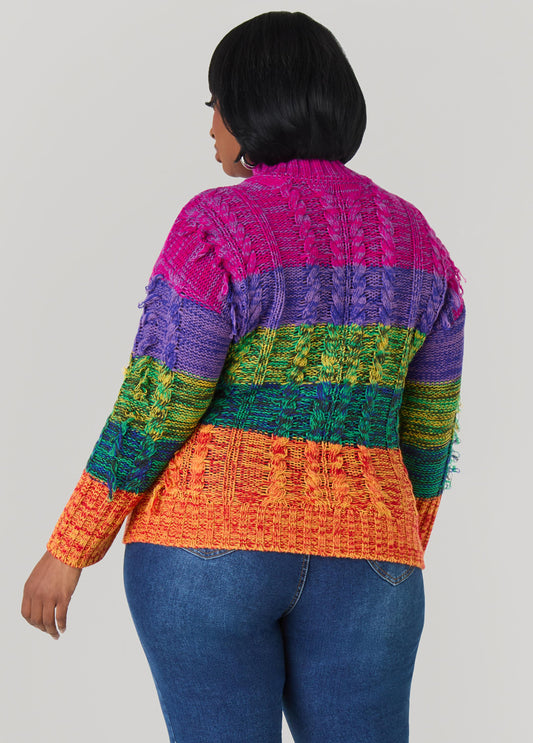 Fringed Rainbow Cable Knit Sweater