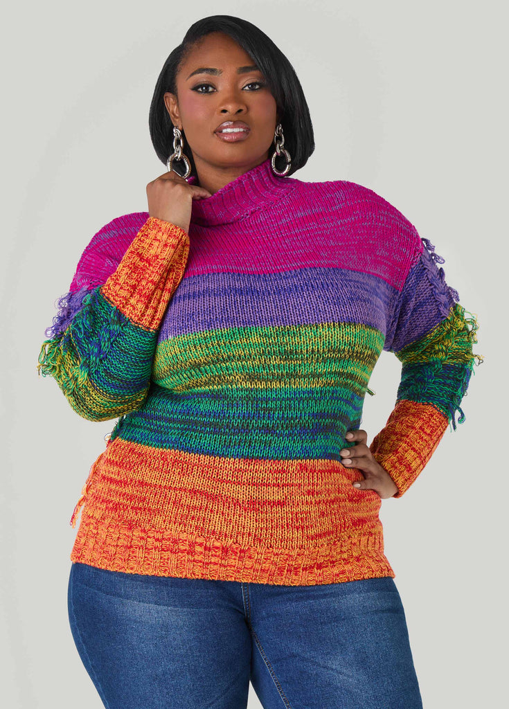 Fringed Rainbow Cable Knit Sweater – Ashley Stewart