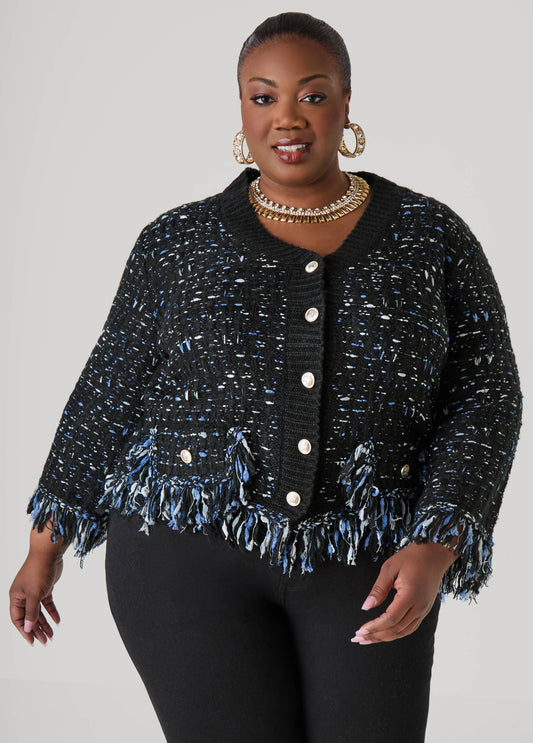 Plus Size Frayed Boucle Knit Cardigan