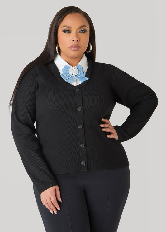 Brooch Embellished Paneled Sweater