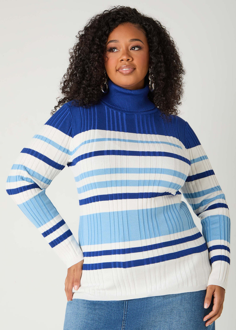 Plus Size Striped Ribbed Turtleneck Sweater