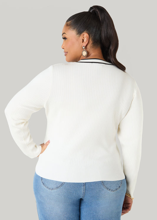 Faux Leather Chain Trimmed Sweater