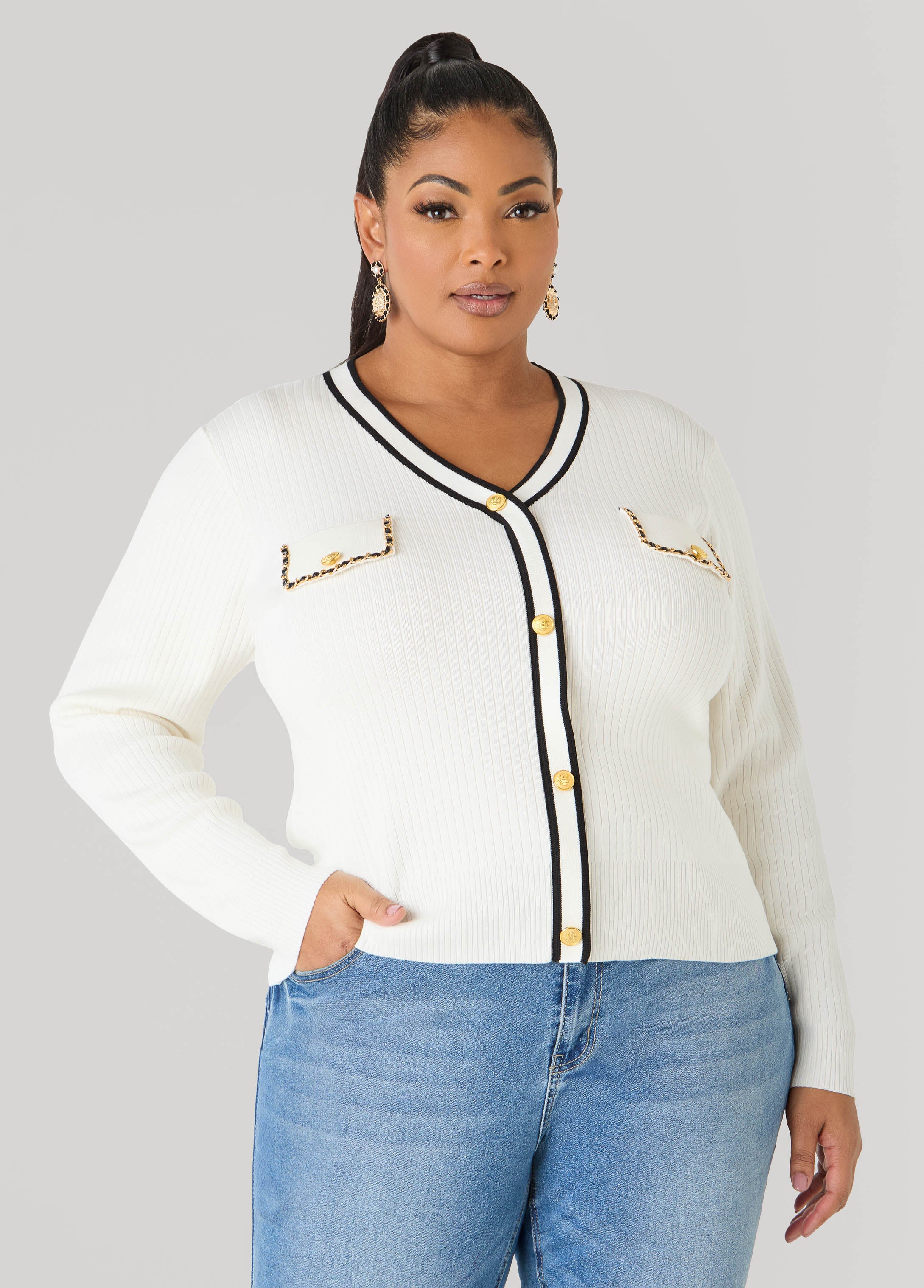 Faux Leather Chain Trimmed Sweater