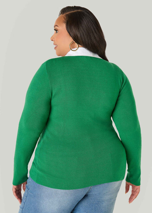 Poplin Paneled V Neck Sweater