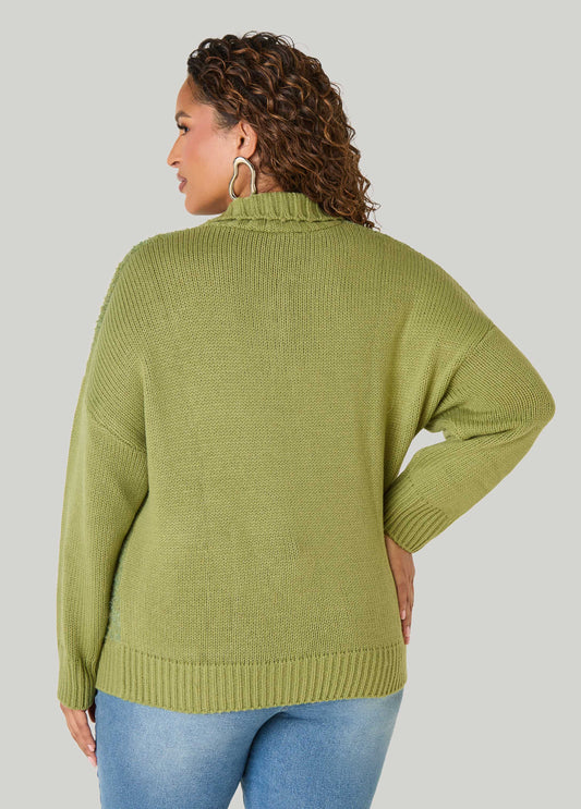 Boucle Paneled V Neck Sweater
