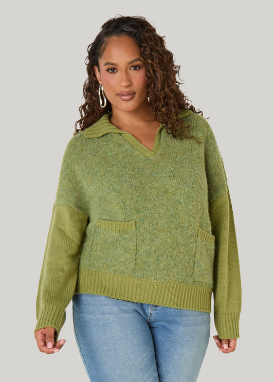 Boucle Paneled V Neck Sweater