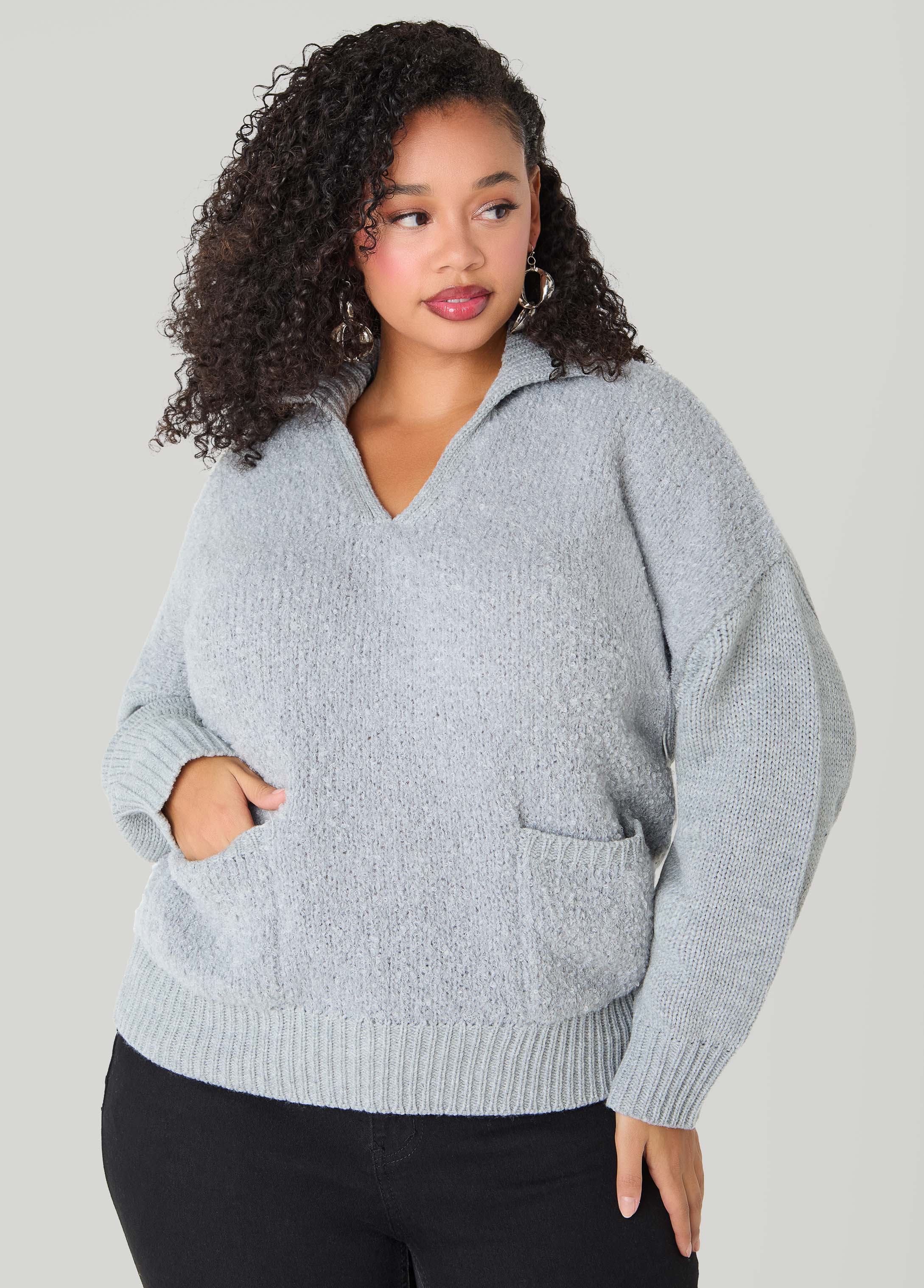Plus Size V Neck Boucle Knit Pullover