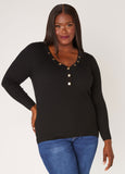 Plus Size V Neck Snaps Ribbed Sweater Plus Size Ribbe Knit Top
