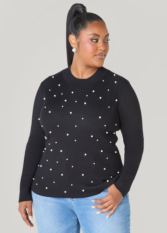 Plus Size Faux Pearl Ribbed Sweater