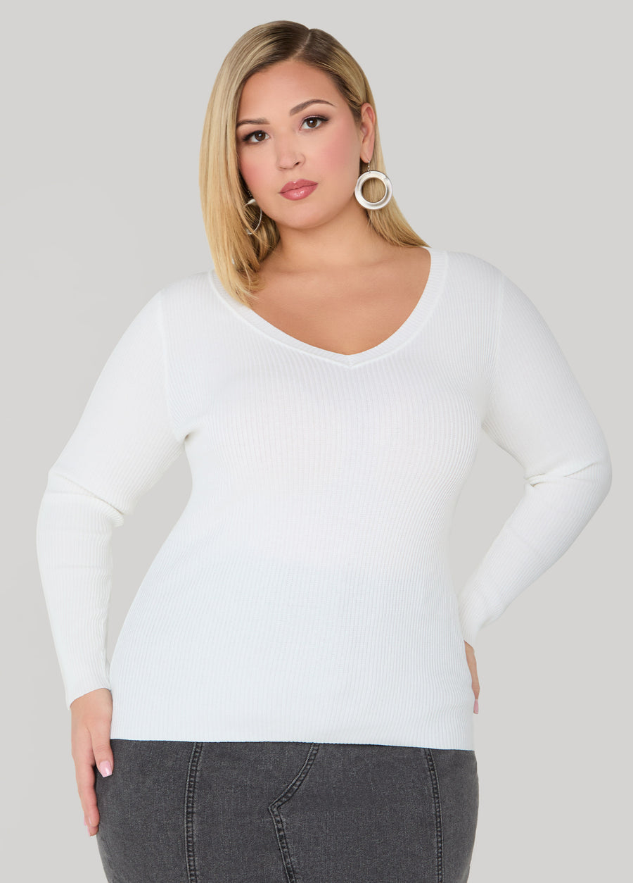 Ribbed Knit V Neck Sweater