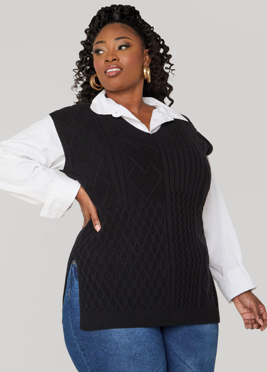 Plus Size Side Slit Cable Knit Vest