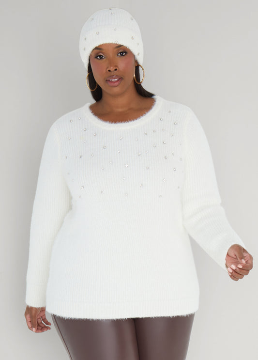 Plus Size Crystal Sweater And Hat Set