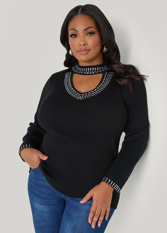 Plus Size Cutout Crystal Sweater