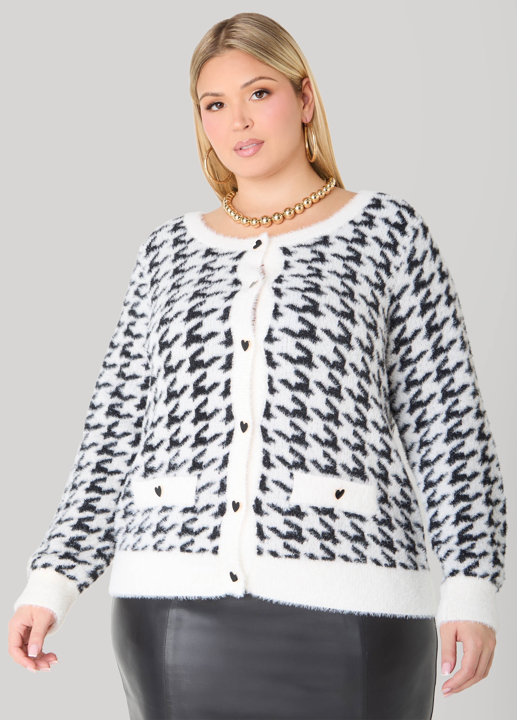Plus Size Brushed Houndstooth Cardigan