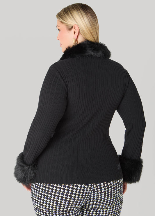 Faux Fur Trimmed Ribbed Cardigan