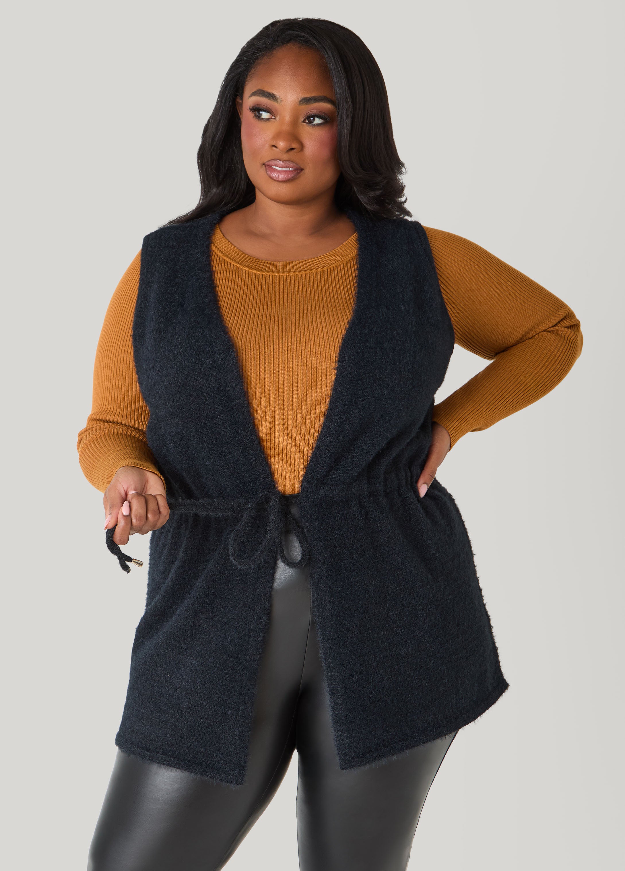 Plus Size Drawstring Brushed Knit Vest